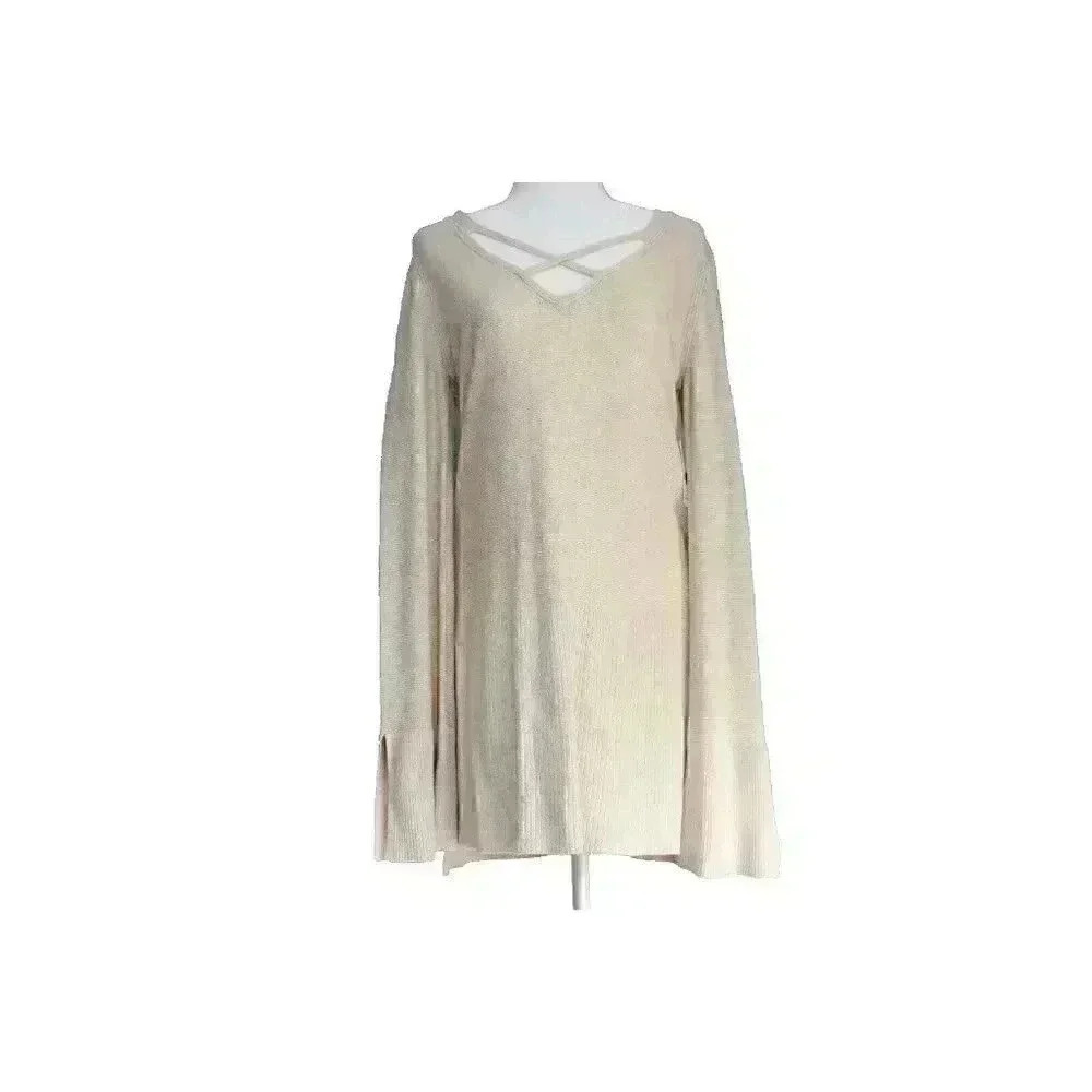 NWT Free People Women's Large Crisscross V-Neck Long Sleeve Tunic Sweater Cream - Picture 6 of 16